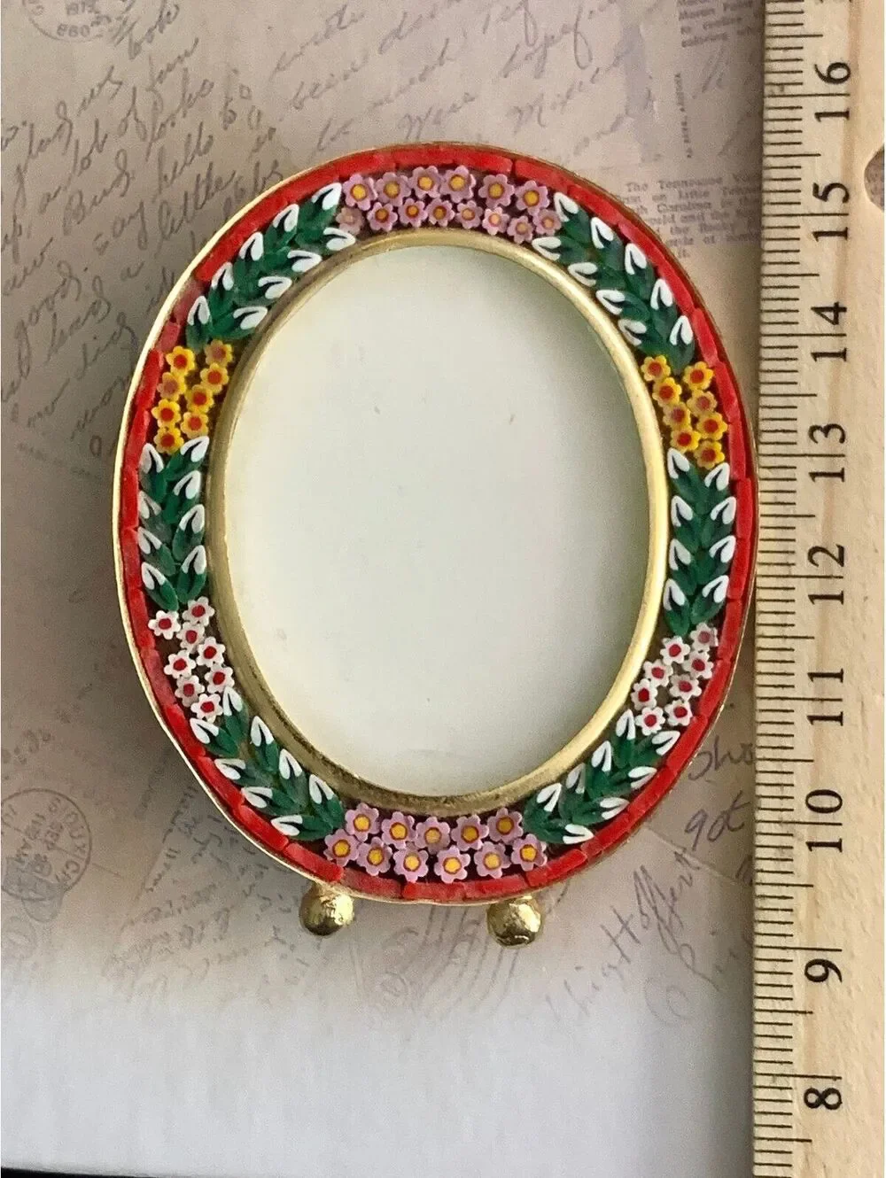 Vintage Italian Micro Mosaic Picture Frame Floral Oval Desktop Stand